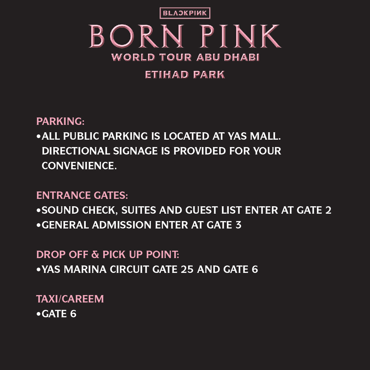 LiveNationME's tweet photo. UAE BLINKs
We want to make sure that getting to Etihad Park is a breeze! Scan the QR code and follow signage for parking and various drop off zones.
Make sure you arrive early!
#BLACKPINK #블랙핑크 #WORLDTOUR #BORNPINK #BORNPINKABUDHABI #20230128 #LIVENATIONME #YG https://t.co/VbND94GBeV