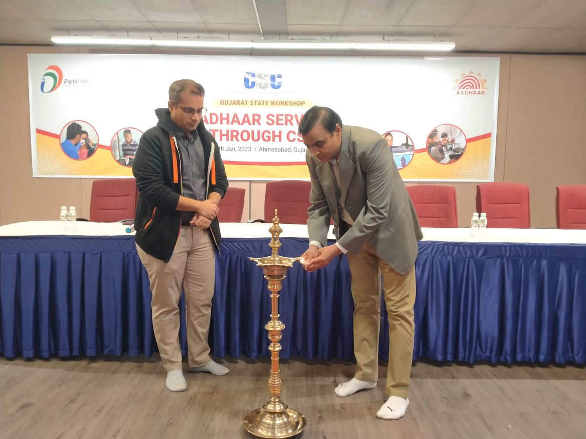 Aadhaar Office Western Region (@uidaimumbai) on Twitter photo UIDAI had state level workshop for CSC Gujarat Aadhaar Operators/Supervisors as on 25th January 2023, which was inaugurated by UIDAI Director Shri. Rajesh Kumar Gupta.
CSC State Head Shri.Jayesh Bhanushali along with their team were present. <a href="/UIDAI/">Aadhaar</a>
<a href="/sumnesh_joshi/">Sumnesh Joshi</a> <a href="/GoI_MeitY/">Ministry of Electronics & IT</a> UIDAI had state level workshop for CSC Gujarat Aadhaar Operators/Supervisors as on 25th January 2023, which was inaugurated by UIDAI Director Shri. Rajesh Kumar Gupta.
CSC State Head Shri.Jayesh Bhanushali along with their team were present. <a href="/UIDAI/">Aadhaar</a>
<a href="/sumnesh_joshi/">Sumnesh Joshi</a> <a href="/GoI_MeitY/">Ministry of Electronics & IT</a>