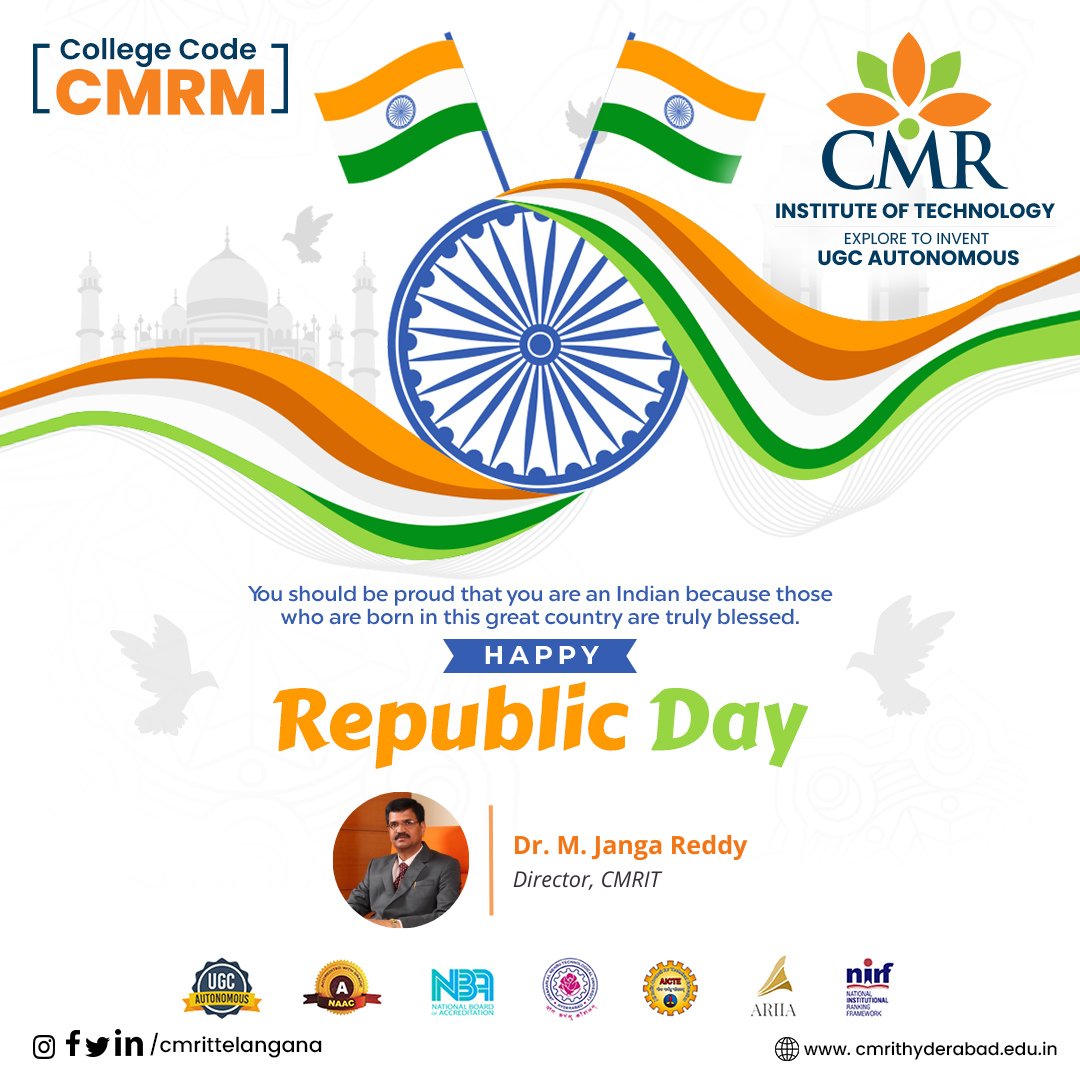CMRITTelangana's tweet photo. Wish you and your family a very Happy Republic Day. Let us make a pledge to our motherland that we will do everything that we can to rid it of all the evils. 🇮🇳 🇮🇳 

#CMRInstituteofTechnology #RepublicDay https://t.co/WzCkEGgxYZ