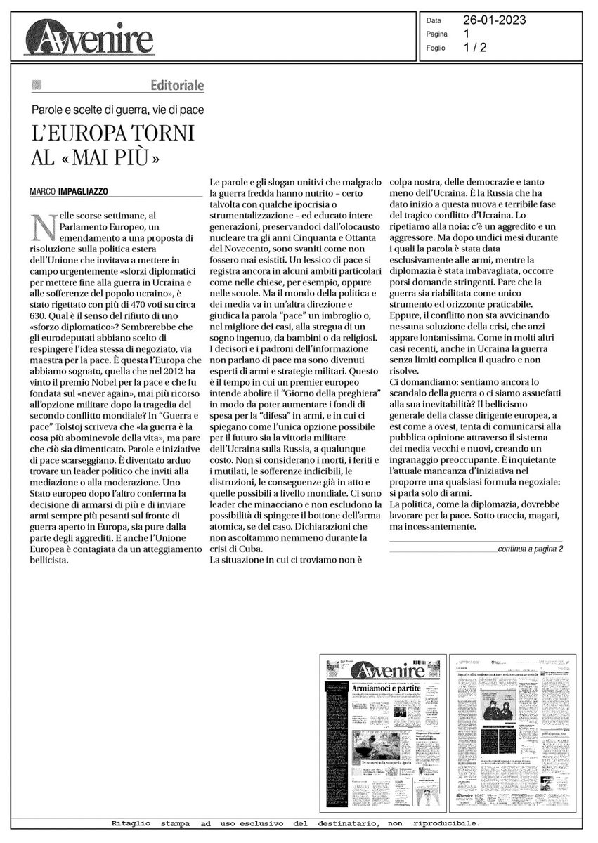 Marco_europa's tweet photo. L’Europa nata dal no alla guerra nn si rassegni all’ineluttabilità della guerra. Esplorare vie di #pace #Ucraina. Ne scrivo su @Avvenire_Nei https://t.co/0trHq7LO8q