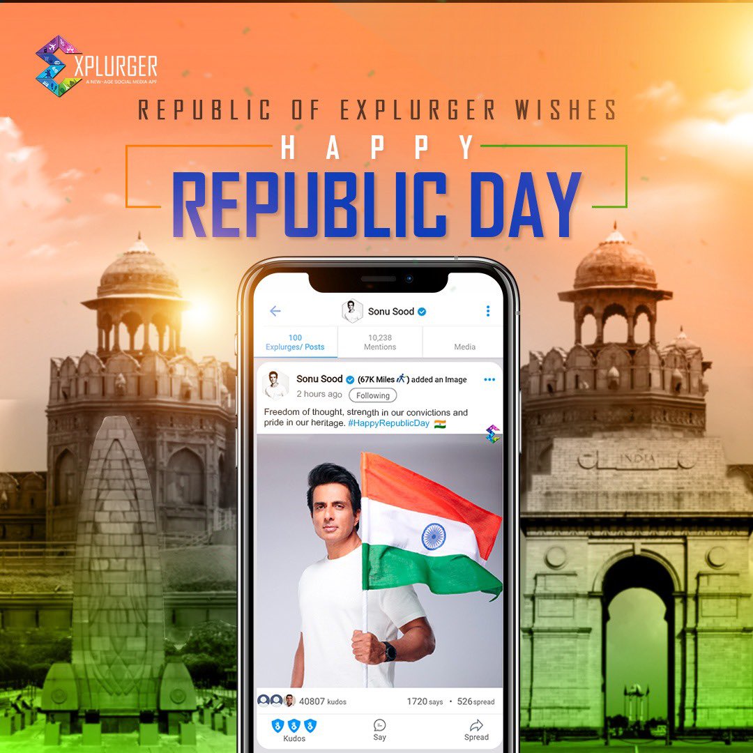 explurger's tweet photo. Republic of Explurger wishes you a
Happy Republic 🇮🇳 Day!
Don’t forget to share the pictures from your celebration 🎉 on Explurger to share the joy with everyone.
@SonuSood
@JitinBhatia
#Explurger #SonuSood #yahaannahitosocialnahi
#ExplurgewithSood
#RepublicDay https://t.co/Mz6l4OX2KB