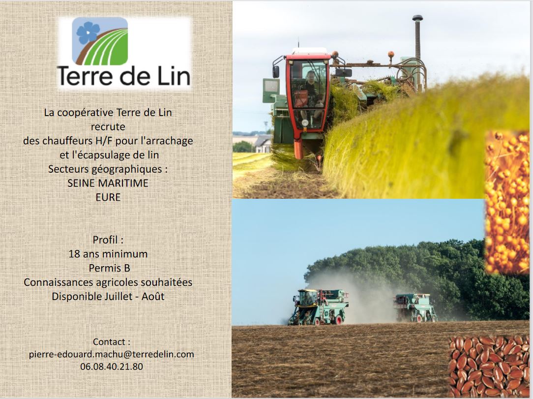 Pour l'arrachage et l'ecapsulage des 🌱#lins 🌱 2023, nous recherchons, pour les mois de Juillet et d'Août des chauffeurs sur la Seine-Maritime et l'Eure.
Intéressé(e) ?, n'hésitez pas à nous contacter !🙂

#TerreDeLin #icionrecrute 

<a href="/agri_zoom/">Nadège PETIT 👩‍🌾</a> <a href="/HemeryckGuil/">Guillaume Hemeryck</a>