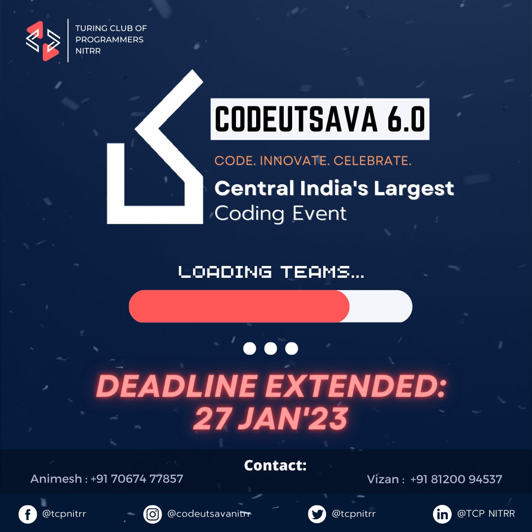 CodeUtsavaNITRR's tweet photo. Attention fellow coders!
The deadline for the registration of the 28 hour long Hackathon of the magnificent coding fest CodeUtsava has been extended. Hurry up! 
Registration Deadline: 27th January, 2023
Link for registration:
https://t.co/HHm2N0SLxj https://t.co/JxbsSryRRk