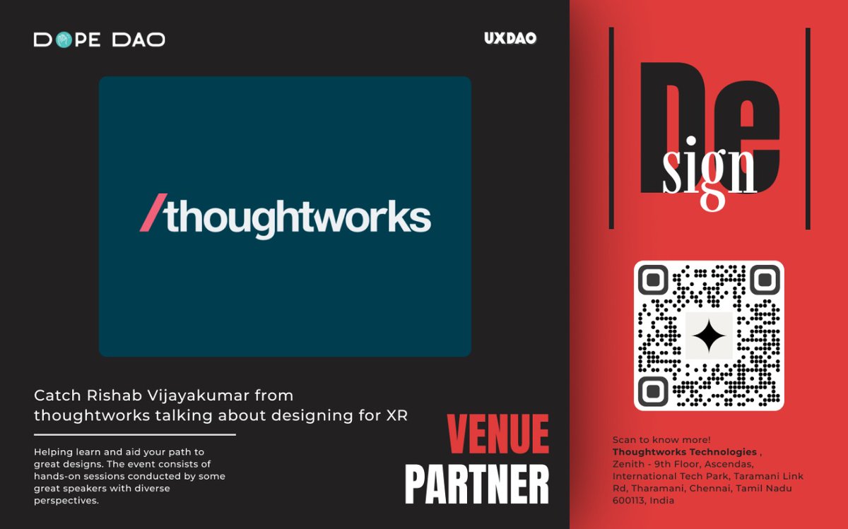 Catch Rishab Vijaykumar speaking on "Designing for XR" from <a href="/thoughtworksIN/">Thoughtworks India</a> , who are also our venue partner for the event!🚀

Register Now!! 

#DopeDAO #DeSign #design #dao #Web3 #community #web3