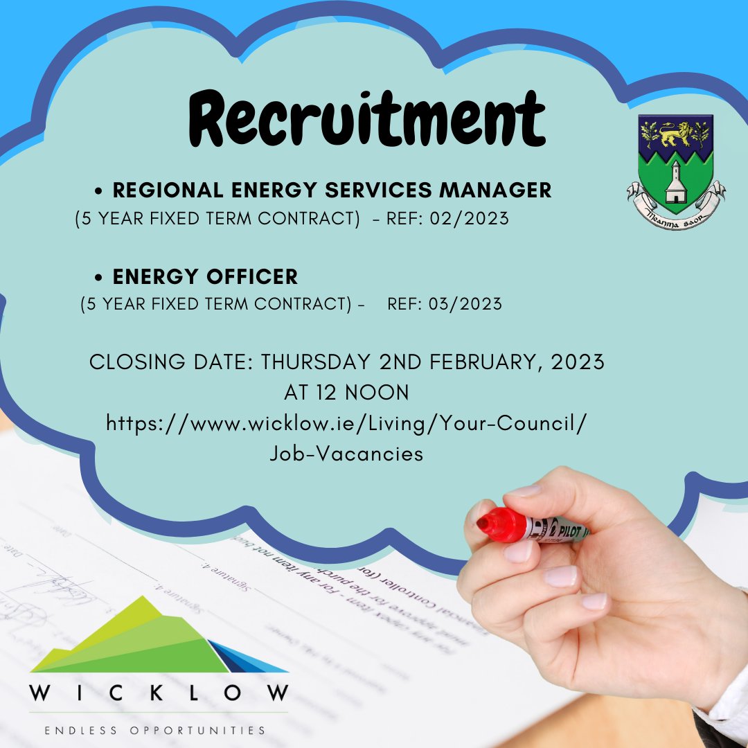 wicklowcoco's tweet photo. Applications are invited for the posts of Regional Energy Services Manager and Energy Officer.
https://t.co/x1FBjRGN3v
#jobfairy #publicjobs #publicappointmentservice #localgovire https://t.co/8DJzjY9BED