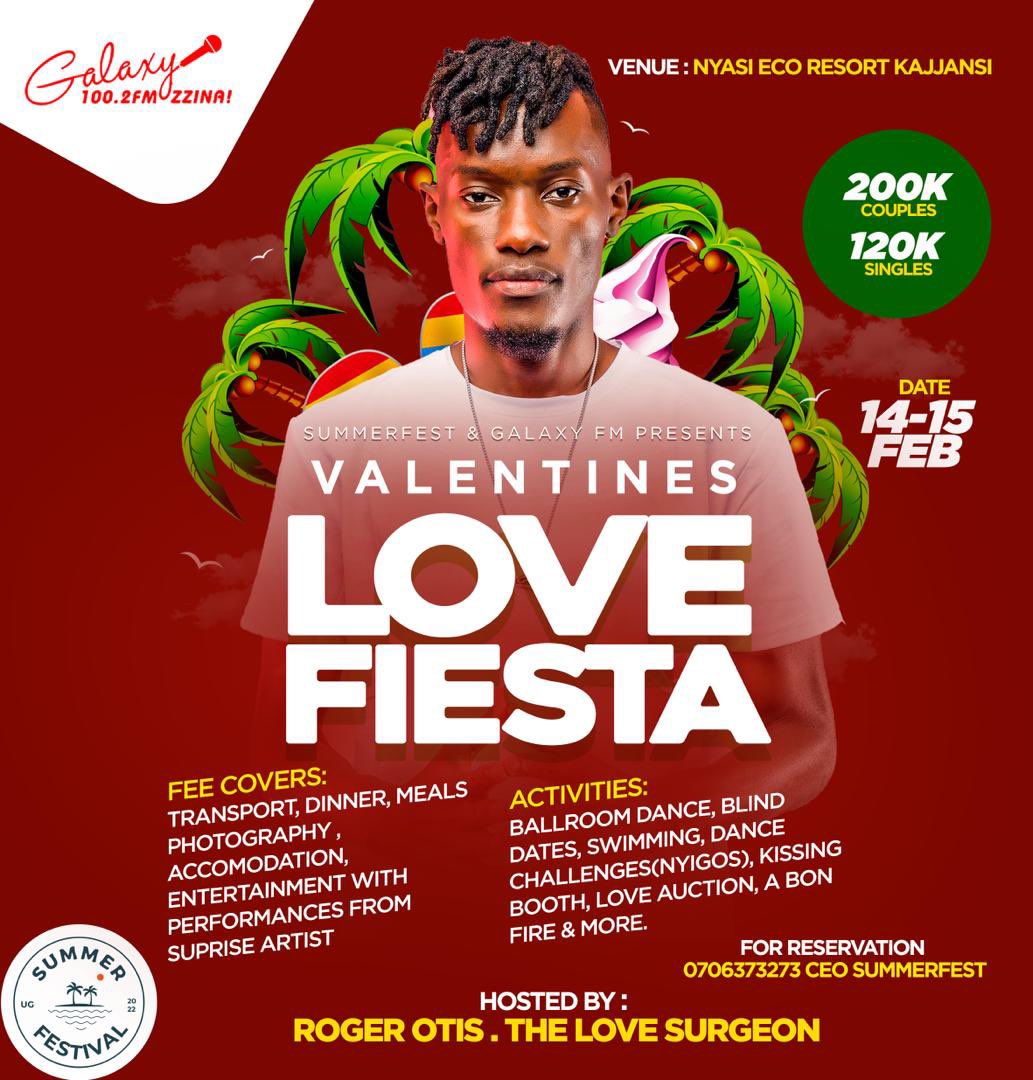 Valentines' is around the corner & my guy, @Otis441D the #Lovesurgeon of @GalaxyFMUg presents to you the Love Fiesta at Nyasi Eco resort Kajjansi. Taxes are 200k for a coupe & 120k for singles. 
Come create memories with your loved ones.❤️🖤🤍💜💗