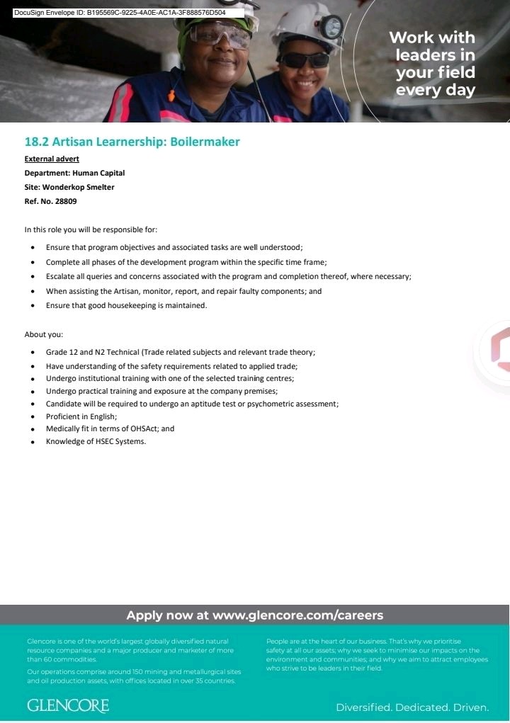 RMakukuli's tweet photo. Glencore

📌Artisan Learnership : Boilermaker

Closing Date 03 February 2023 

Email: Alloys.WonderkopHR3@glencore.co.za https://t.co/LOjf9TMOCn