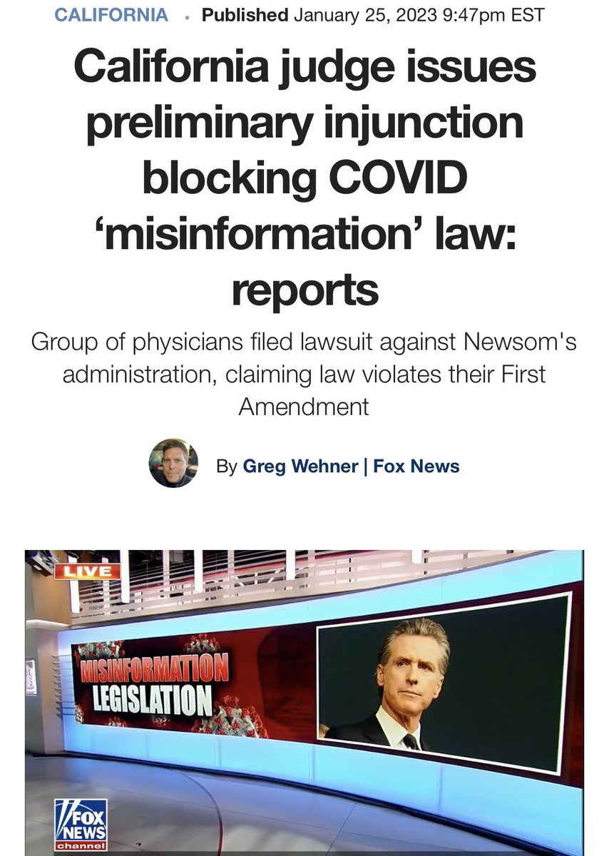drsimonegold's tweet photo. BREAKING: California judge blocks Gavin Newsom’s clearly unconstitutional “misinformation” bill AB 2098.

I recently exposed this in the @EpochTimes: it would essentially prohibit a second opinion.

That’s outrageous.
https://t.co/ngnXPkh4xX https://t.co/8spdZMR2I2