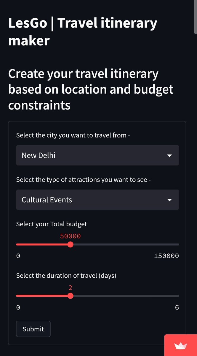 aadarsh_073's tweet photo. https://t.co/wVypFD32TJ - Lessgo
Me and @PiyushMohapat19 worked on this as our submission for the @jpmorgan AI Track hackathon, hosted under i-hack, @ecell_iitb. Select your location, interest, budget, duration and BOOM! You get a personalized hourly itinerary for your travel. https://t.co/6zZHHXRJdR