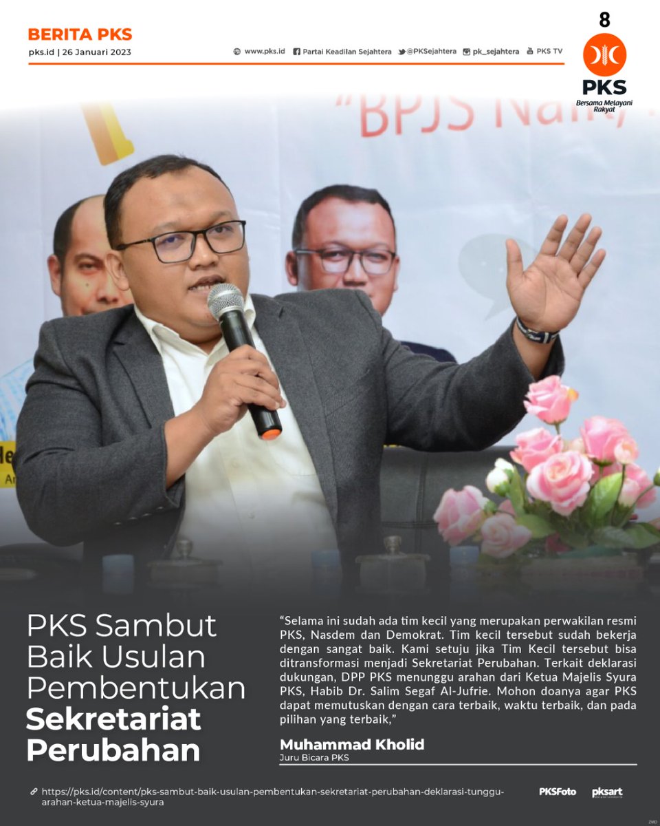 PKSejahtera's tweet photo. PKS Sambut Baik Usulan Pembentukan Sekretariat Perubahan, Deklarasi Tunggu Arahan Ketua Majelis Syura

"Kami berharap, hal tersebut akan semakin memperkuat soliditas dan kebersamaan serta memperkuat komitmen kerja sama koalisi," ~@kholidmuhammad 

https://t.co/R1VZDwWxzr https://t.co/78tH3vieL2