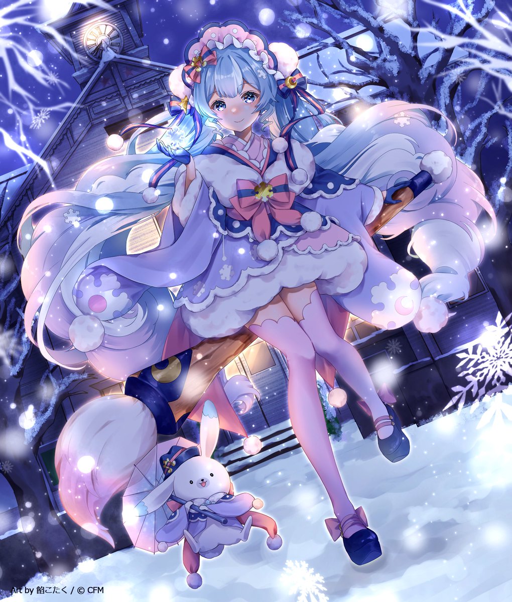 hatsune miku ,rabbit yukine ,yuki miku 1girl thighhighs long hair rabbit smile looking at viewer blue hair  illustration images