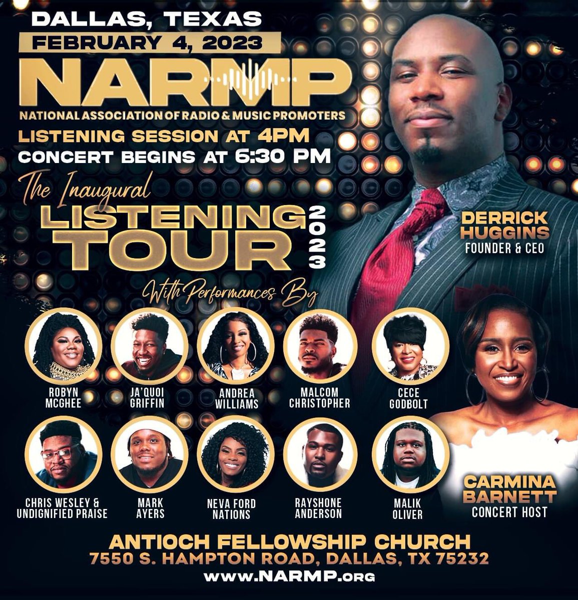 "The Inaugural Listening Tour 2023" makes it 2nd stop in DALLAS, TX on Saturday, February 4, 2022 at @AFMBCDallas, 7550 S. Hampton Road, Dallas, TX 75232.

We encourage you to JOIN US in person at the event and to become a member by visiting our website:
NARMP.org