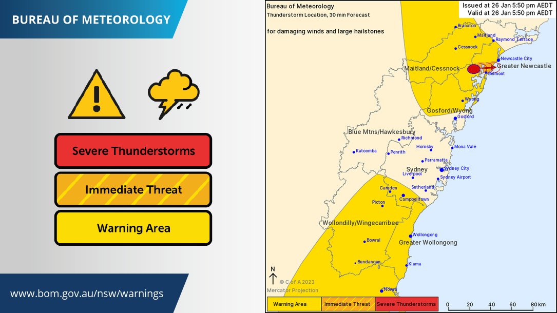 BOM_NSW's tweet photo. Detailed #SevereThunderstorm #Warning update: Severe cell near #LakeMaquarie moving east. Risk of large hail and damaging winds with this particular cell. Could affect #Belmoint and #WarnersBay by 6:05pm and #Charlestown, #Boolaroo by 6:20pm. Updates https://t.co/3WZAkiCZGi https://t.co/1LJhvZzRjH