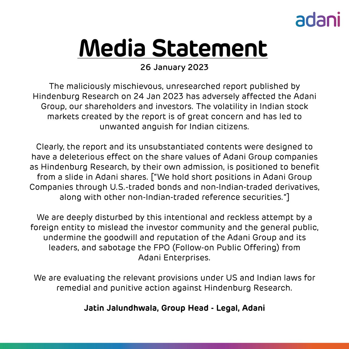 AdaniOnline's tweet photo. Media statement – II on a report published by Hindenburg Research https://t.co/Yd2ufHUNRX