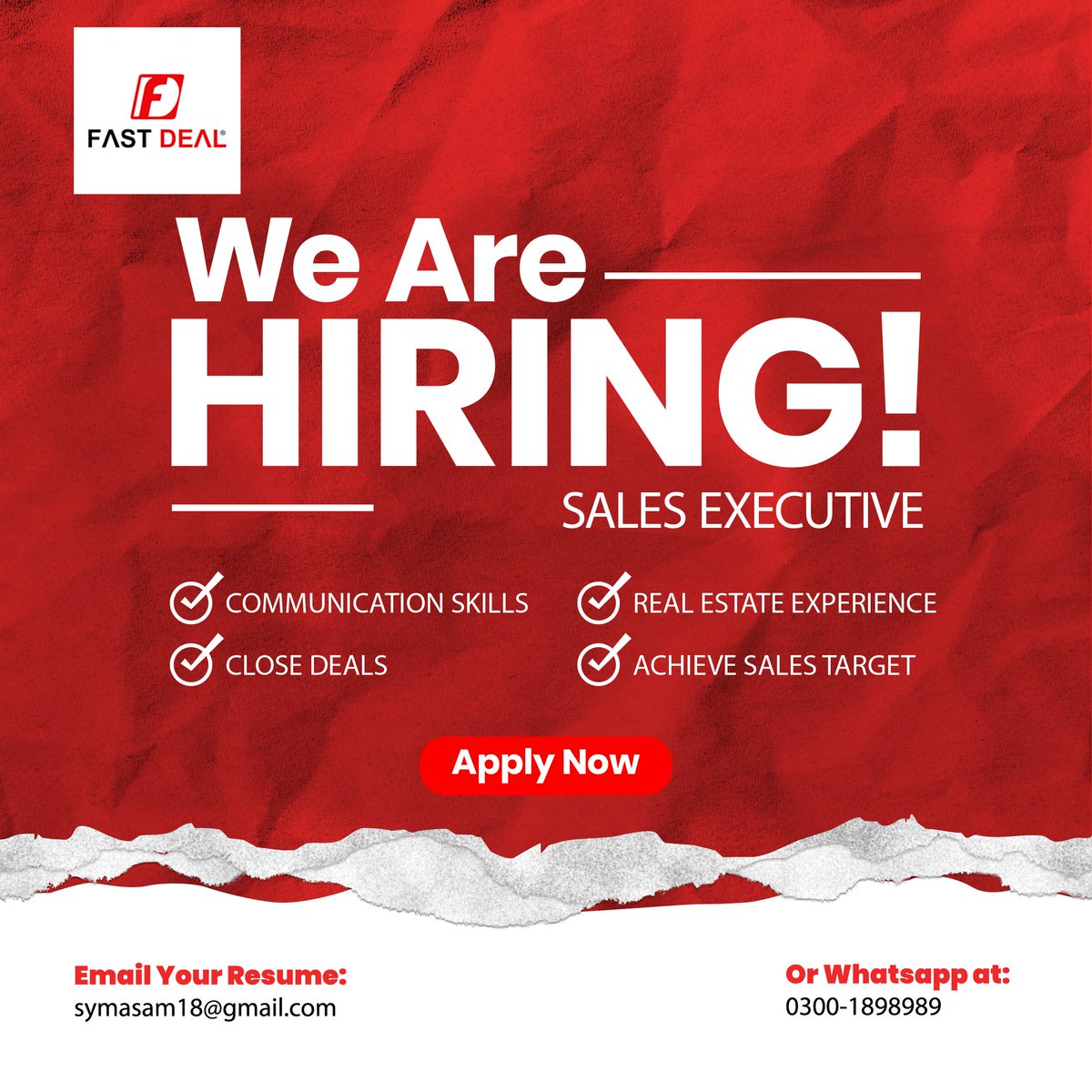 FASTDEALOFFICIA's tweet image. HIRING! Sales Executive (Real Estate)

If you are looking for an exciting opportunity to grow your career in real estate sales, we encourage you to apply for this position.

#FastDeal #Sales #RealEstate #Hiring #JobOpening #SalesExecutive