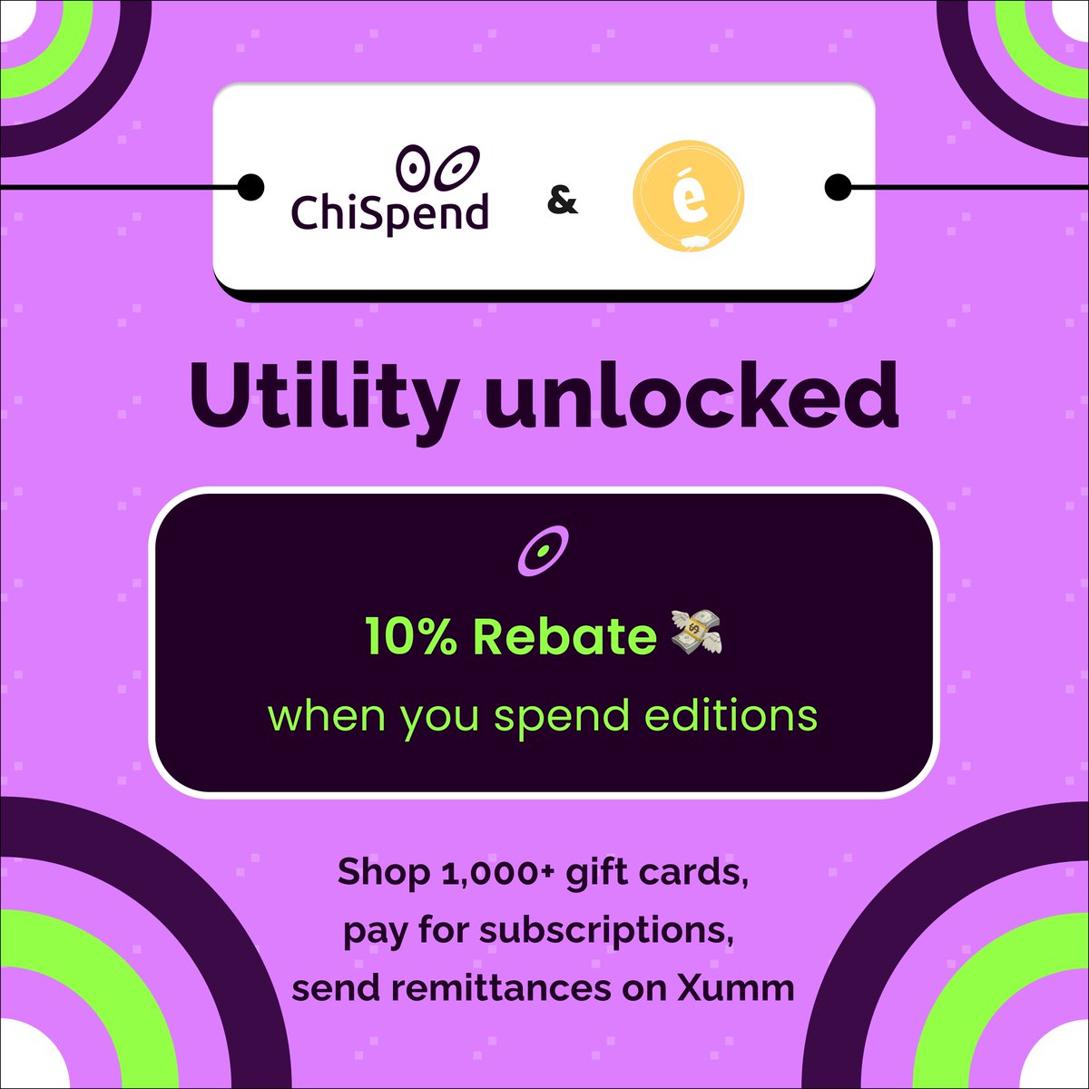 usechispend's tweet photo. We’re so excited to announce our #partnership with @editions_NFT! 

Now, you can buy/send real-world products &amp; services  with #editions and enjoy ❗10%❗ rebate. 🤩

☔ Spend now on @XummWallet: https://t.co/TnrqkTzXob

#SpendCryptoYouWay #editionsNFT #XRPLedger #NFTs #XRPL https://t.co/NC2O1vMYTN