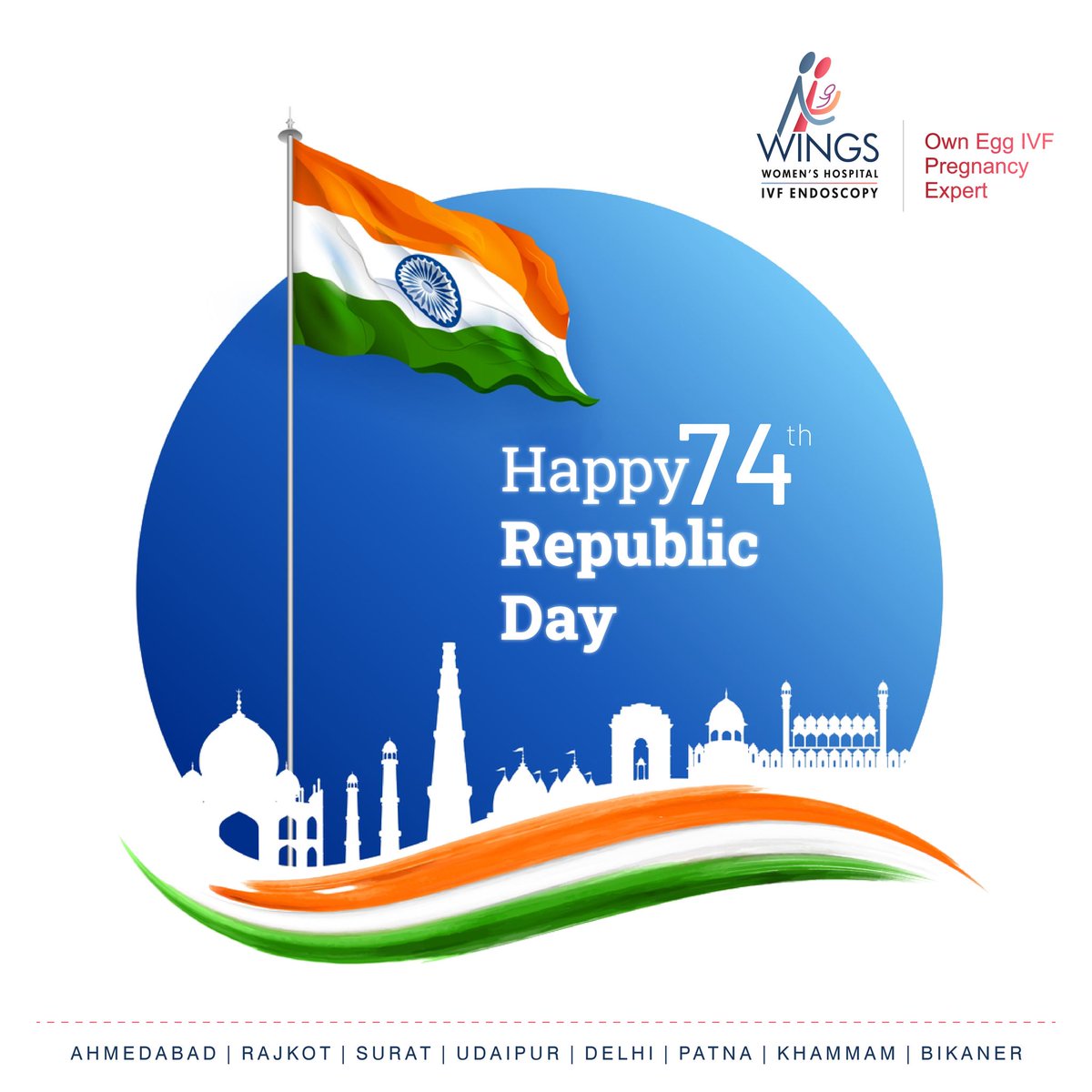 HospitalWINGS's tweet photo. A thousand salutes to this great nation of ours. May it become even more prosperous and great. WINGS IVF Hospitals wishes you all a very Happy 74th Republic Day.
#HappyRepublicDay #RepublicDay2023 #IncredibleIndia https://t.co/zJ3KIwviaB