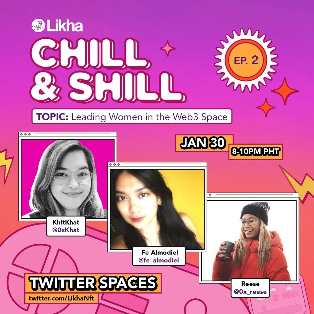 Join us this coming Monday for an interesting chikahan together with (three of the many leading women in the NFT space) <a href="/FilipinasNFT/">Filipinas NFT 🇵🇭</a>! ✨

<a href="/0xKhat/">TRINI 🌸</a> <a href="/fe_almodiel/">Fe Almodiel</a> <a href="/0x_reese/">reese</a>

🗓️ January 30, 2023
🕣 8PM to 10PM PHT

See you there! 

#cryptoartph #web3 #nftphilippines #likhanft