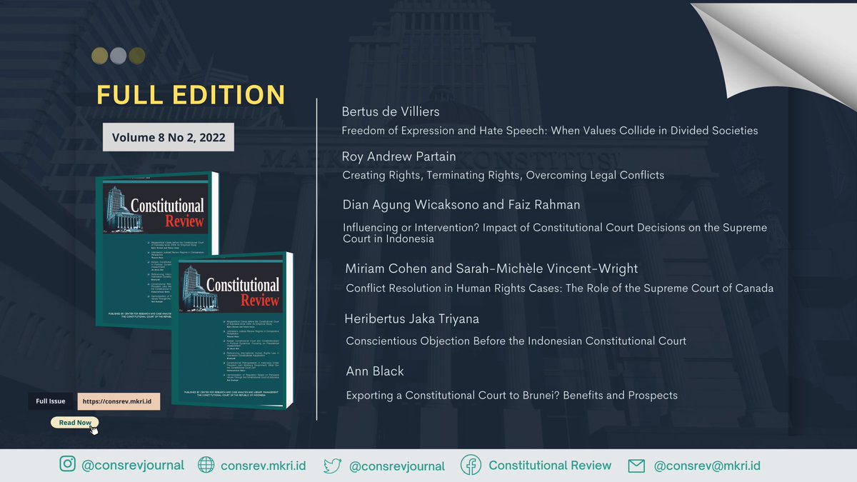 consrevjournal's tweet photo. We proudly present the issue of Constitutional Review Vol. 8, No. 2, 2022 (Indexed in Scopus).

Please find the full PDF of the articles here:

https://t.co/7VkcDWsGd4.

Enjoy the articles!

Please also cite us in your academic works.

#journal #Scopus #ConsRev #MKRI https://t.co/jxixxlA4Al