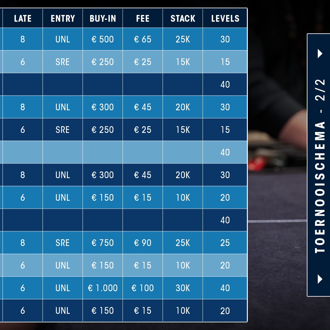 Check out the full schedule of the <a href="/WPT/">World Poker Tour</a> Prime Amsterdam! 1/2
#wpt #wptprime #wptamsterdam #hollandcasino #poker