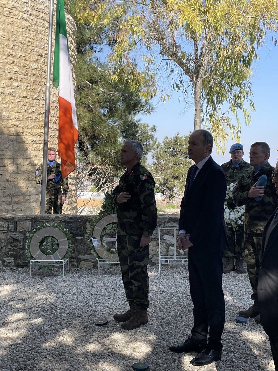 Tánaiste @MichealMartinTD & @DF_COS visit @irishpolbatt in South Lebanon today 🇱🇧 A poignant ceremony at Tibnine monument to remember Pte Seán Rooney and all Irish soldiers who have lost their lives while serving in Lebanon