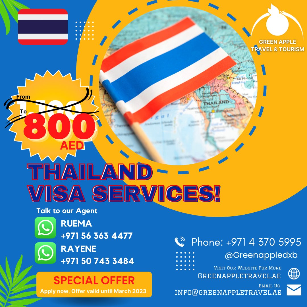 Get ready to explore the Land of Smiles! Take advantage of our exclusive offers on Thailand visa application services. From 1100 AED to 800 AED only until March 2023. Don't miss out on this limited time deal. #ThailandVisa #VisaOffers #TravelDeals #ExploreThailand