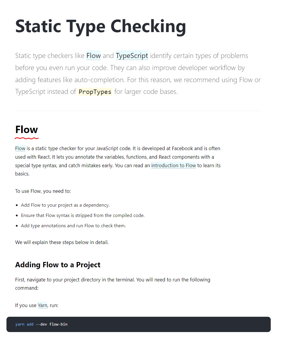 While y'all arguing about CRA being recommended by React, look what they have on the top of the Static Type Checking doc: