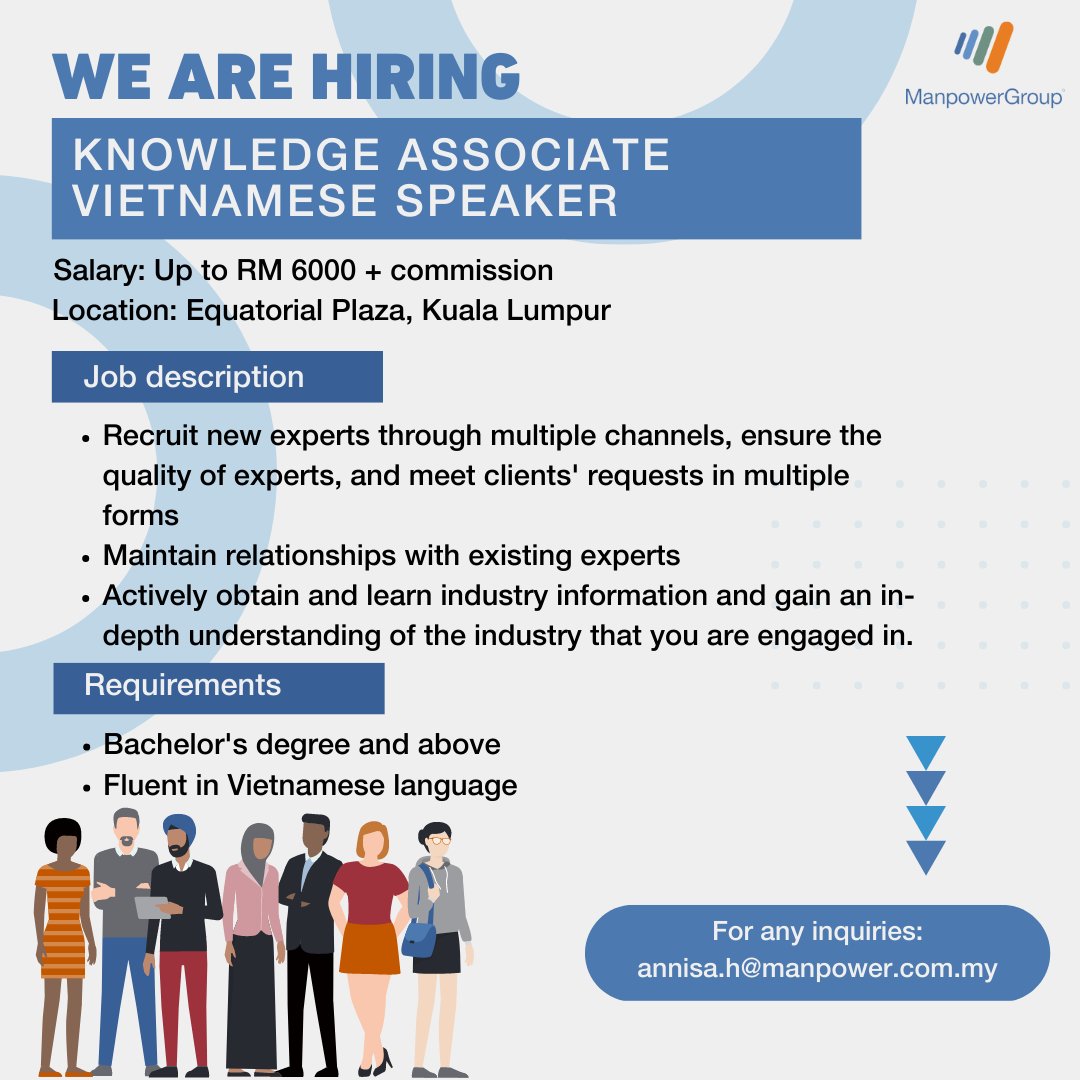 ManpowerMY's tweet photo. #nowhiring Knowledge Associate Vietnamese Speaker

Salary: Up to RM6,000 + Commission
Location: Equatorial Plaza, Kuala Lumpur

Email your cv to annisa.h@manpower.com.my

@Peluangkerjaya
@Peluang_KerjaMY
@sebarkerja
@Oh_KerjaKosong
@twtkerjakosongg

#manpowergroupmalaysia https://t.co/vmlxqemLhM