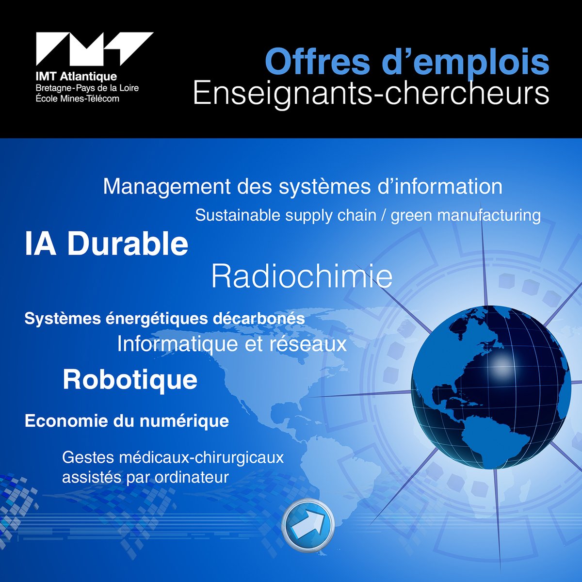 😃 📢 [Offres d'emploi]
#IMTAtlantique recrute des enseignants-chercheurs pour la rentrée 2023 !
Pour postuler, c'est par ici 👉 bit.ly/3RcjZuK
#Job  #recherche  #Energie  #environnement  #numerique  #iA  #SupplyChain  #robotique