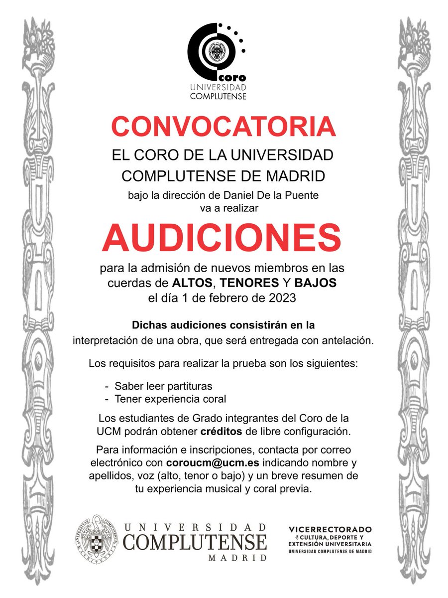 Cultura Complutense (@culturacomplu) on Twitter photo Próxima convocatoria para realizar audiciones para formar parte del Coro de la Universidad Complutense de Madrid
🗓️ 1 de febrero
👉 Para más información escribe un correo electrónico a coroucm@ucm.es
<a href="/coro_ucm/">Coro de la Universidad Complutense de Madrid</a> <a href="/unicomplutense/">Complutense</a>
#coro #coral #audición #audiciones Próxima convocatoria para realizar audiciones para formar parte del Coro de la Universidad Complutense de Madrid
🗓️ 1 de febrero
👉 Para más información escribe un correo electrónico a coroucm@ucm.es
<a href="/coro_ucm/">Coro de la Universidad Complutense de Madrid</a> <a href="/unicomplutense/">Complutense</a>
#coro #coral #audición #audiciones