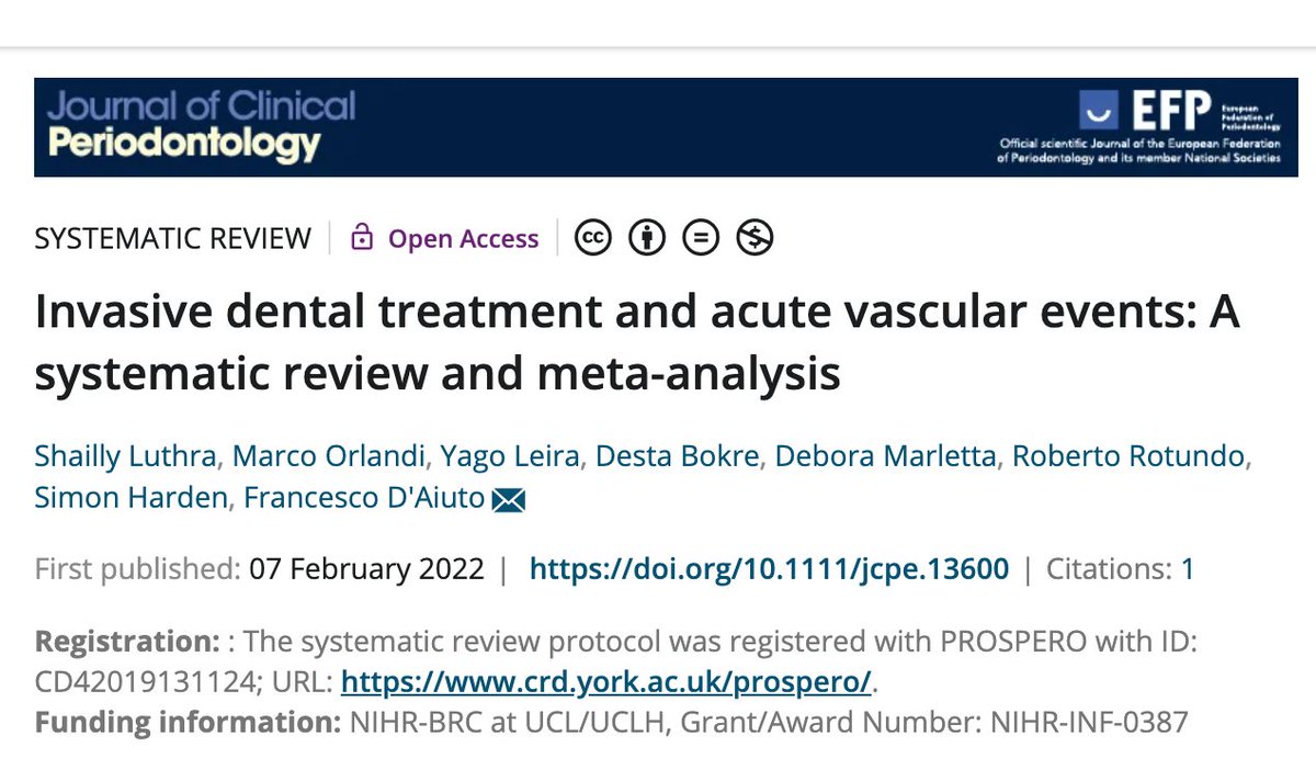 Invasive dental treatment and acute vascular events - read these open-access systematic review and meta-analysis published in the JCP by Shailly Luthra et al. #EFPerio #JCPbyEFP #periodontology
bit.ly/3Wluqgq
