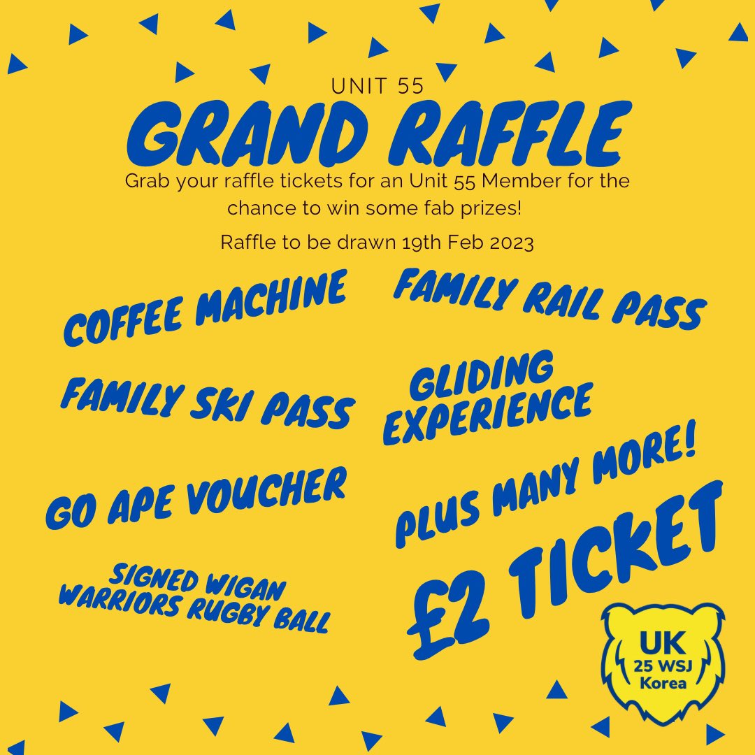 Fancy your chances to win some fantastic prizes! Why not grab a raffle ticket or two from any Unit 55 member before the 17th Feb! 

There are plenty of ROARsome prizes up for grabs!  #uk25wsj #dreamwild #drawyourdream #inittowinit