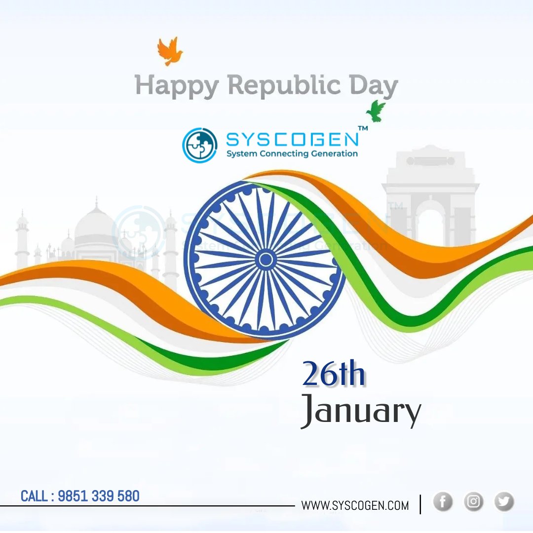 syscogen's tweet image. #HappyRepublicDay Today, celebrate the day our Constitution came into effect &amp;amp; our nation officially became a republic. Let us honor the sacrifices of those who fought for our freedom &amp;amp; remember the principles of unity,diversity, &amp;amp; democracy that make our country great. #Syscogen