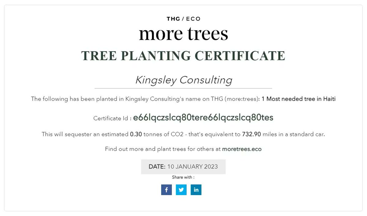 KingsleyCltd's tweet photo. The team at Kingsley wanted to share our certificate confirming our first tree has been planted in Haiti. This year we hope to plant 200 trees and over time grow a Kingsley Forest through the support of all our Candidates and clients.

This tree is the first of many to come. https://t.co/OAmVUcgDzV