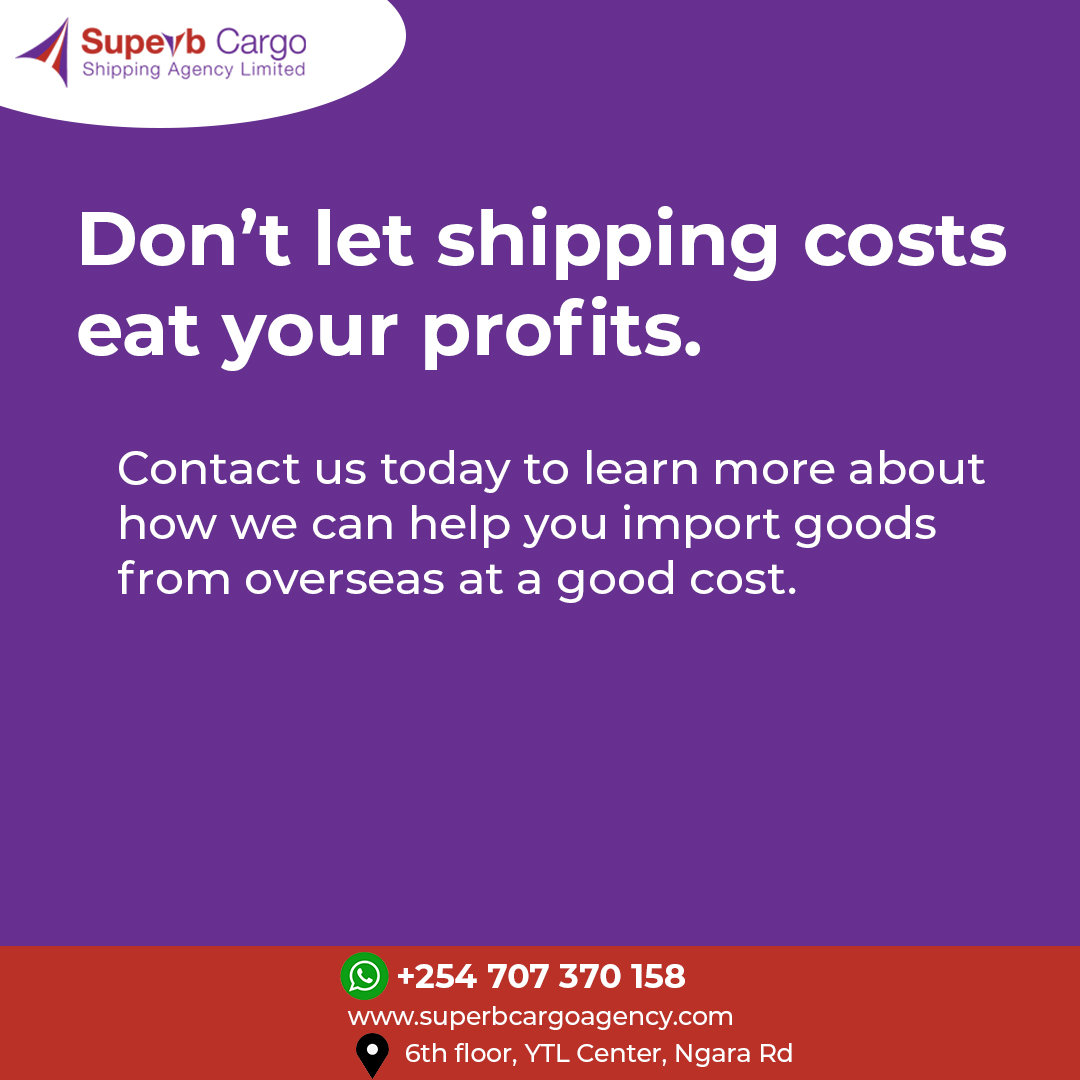Save more by shipping with Superb Cargo. We will be happy to provide you with a free quote and answer any question you have.
Talk to us via 0707 370158
Website: superbcargoagency.com
Email: info@superbcargoagency.com
#shipfromchina #shiptoafrica#shipping