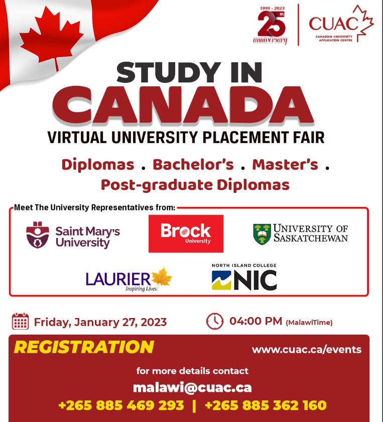 ConnectEd265's tweet image. Interested in studying in Canada? Join our upcoming virtual University Fair session tomorrow  Friday 27th January 2023 at 4pm. For more information contact ConnectEd on:
WhatsApp: +265 885 362 160/ 
+265 88 546 92 93, or
 Email us on: info@connected265.com