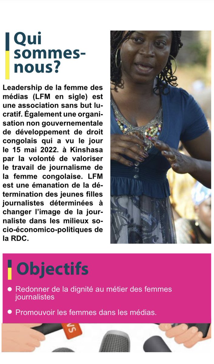 OngLfm's tweet photo. Qui nous sommes-nous ? 
LFM est une émanation de la détermination des jeunes dames journalistes déterminées à changer l’image de la journaliste dans les milieux sociaux-politico-économico de la RDC @TinaSalama2 @rkitsita @GraceShako1 @Com_mediasRDC @JeanineMabunda https://t.co/foJ9GvmKDM