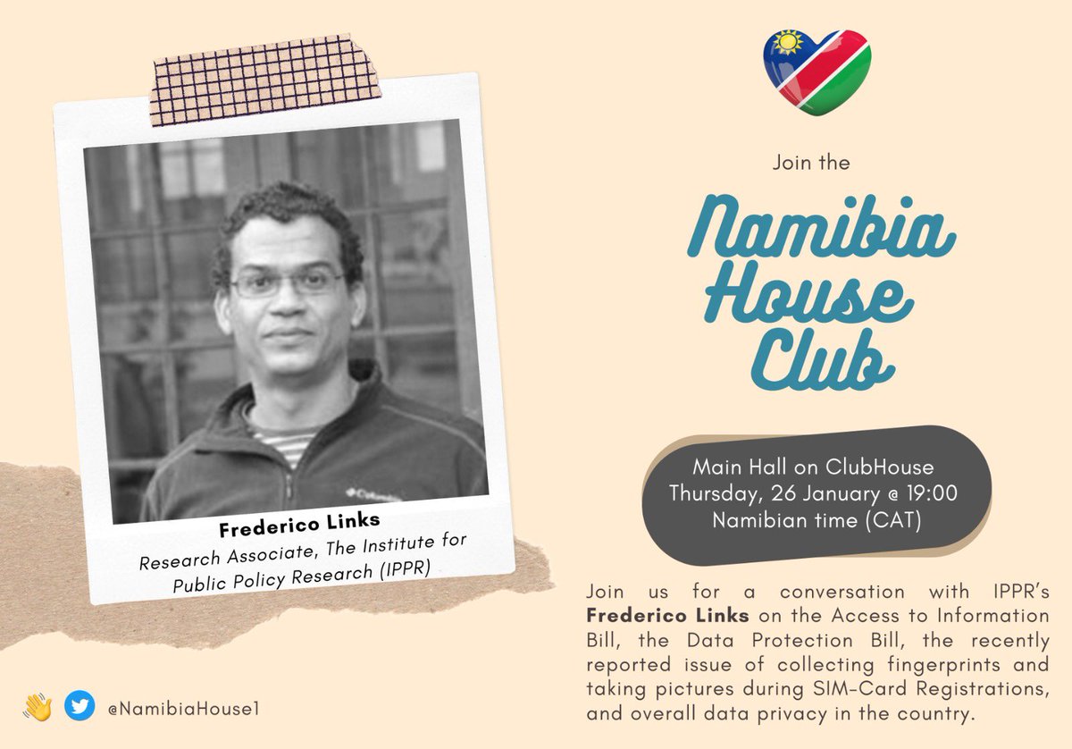 Join us today in Main Hall in the #Namibia🇳🇦 House 🛖 today at 19:00 in <a href="/clubhouse/">Clubhouse</a>. Join us! clubhouse.com/event/PNoAVLv6…