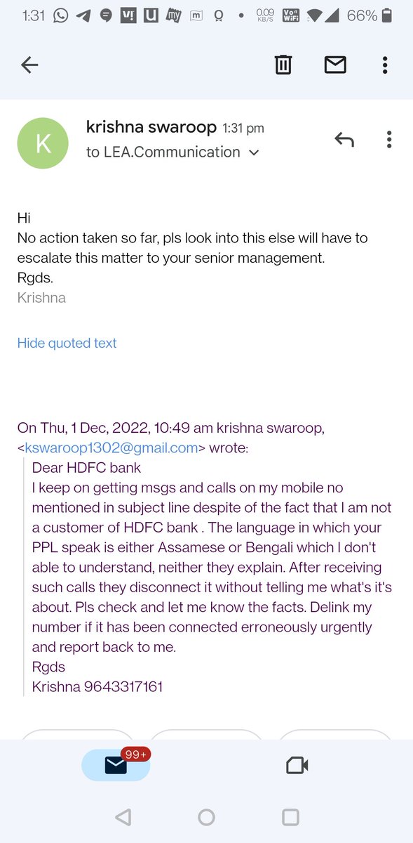 kswaroop1302's tweet photo. @HDFC_Bank Folks I have been getting automated calls from your centre mentioning msgs for Some sanchita Vaman . Pls check and delink my mob from your records.Hv written mails to your CC but no response. Attached screenshot. https://t.co/Vy3bFOEgsm