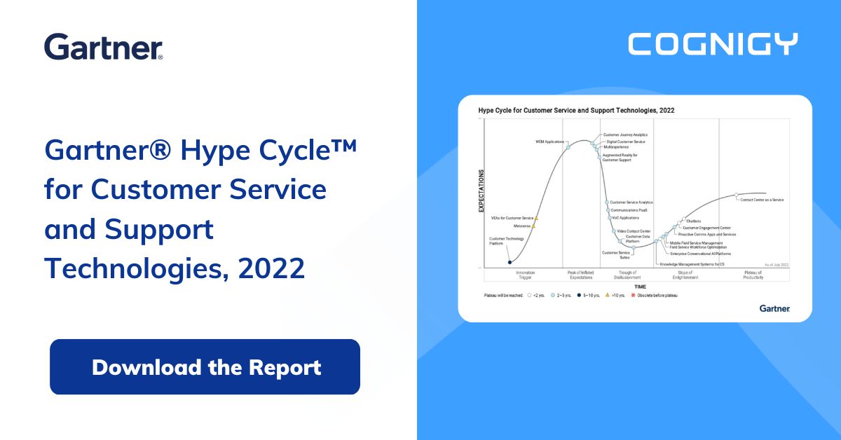 cognigy's tweet image. Evaluating customer service technologies? Access a complimentary copy of the Gartner® Hype Cycle™ for Customer Service and Support Technologies, 2022 to assess the maturity and risks and set expectations from these innovations.

Download here: hubs.la/Q01zhN-x0