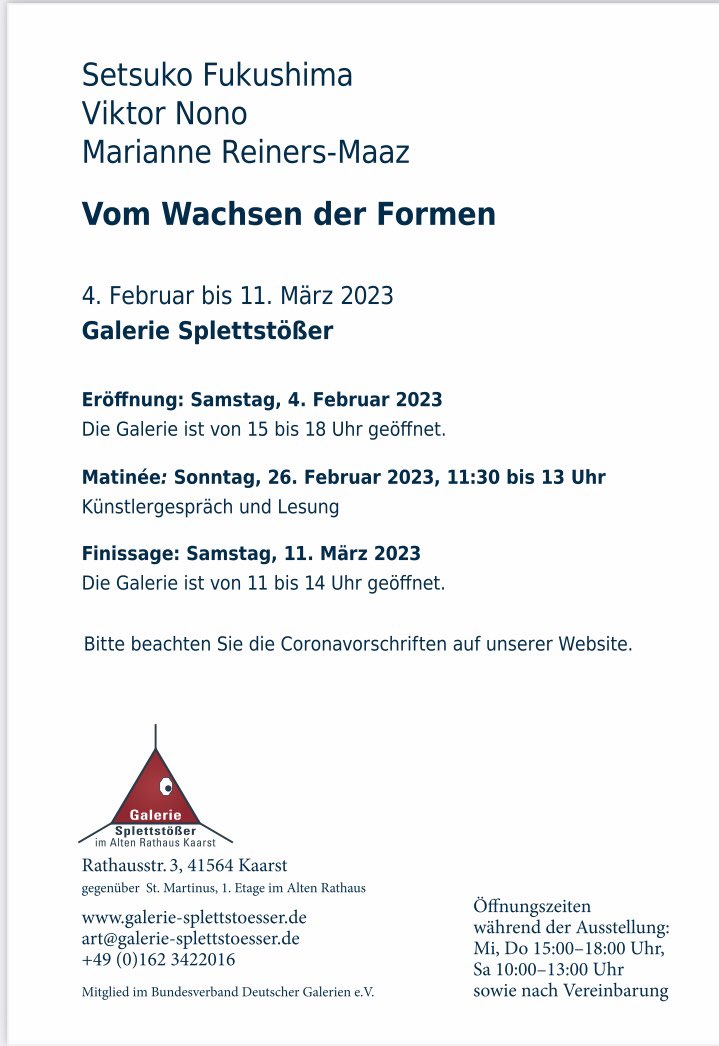 usteokus's tweet photo. Herzliche Einladung zu unserer Ausstellung. Wir freuen uns auf Ihren Besuch. ———-Galerie Splettstößer - Rathausstr. 3 - 41564 Kaarst
Telefon: 02131 3687 367
Öffnungszeiten Di - Fr 15:00-18:30,  Sa 10-12:30 Uhr
https://t.co/hHt22JtdCE. https://t.co/kQPkcsUR51