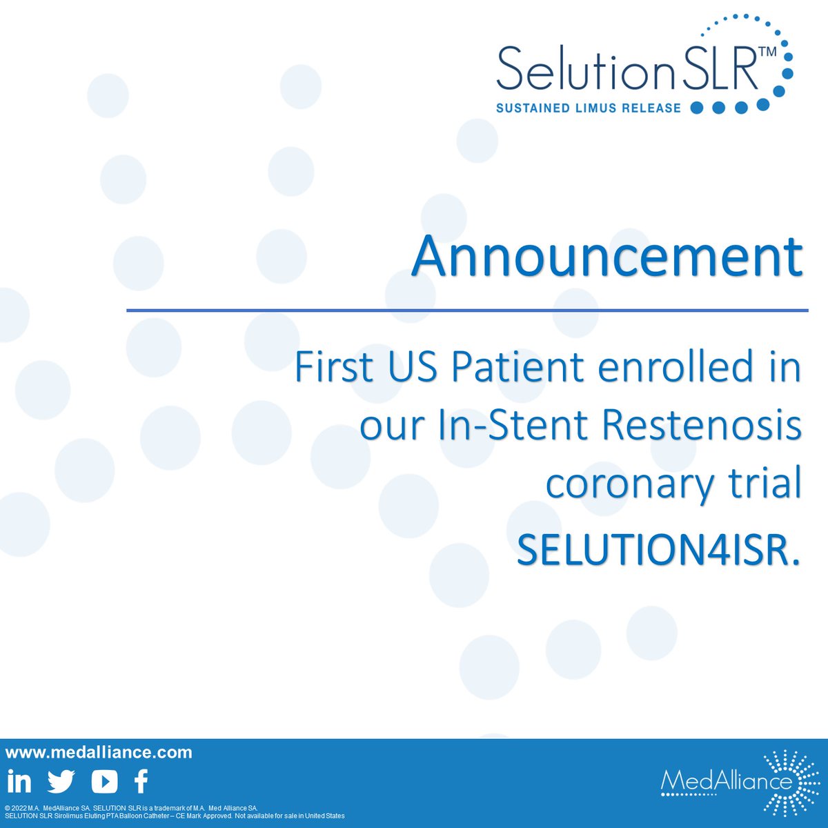 The very first US  patient has been enrolled in the 
<a href="/Selution4ISR/">SELUTION4ISR</a>
 IDE study paving the way to bring #selutionSLR sirolimus -eluting Balloon to the US patients with coronary disease!  

To read the full press release: bit.ly/3JxkmhJ
#SELUTION4ISR  #DCB #DEB