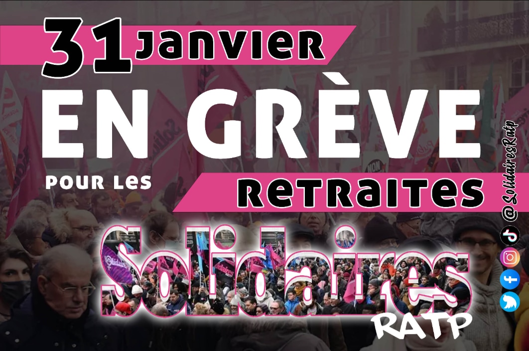 SolidairesRatp's tweet photo. Sortez les drapeaux, sortez les autocs, soyons plus nombreux et nombreuses que le #19janvier Toutes et tous en #greve31janvier et #Manifestation31Janvier #Retraites #ReformeDesRetraites 
➡️ 14h Place d'Italie jusqu'aux Invalides https://t.co/MmuLeEQ9SD