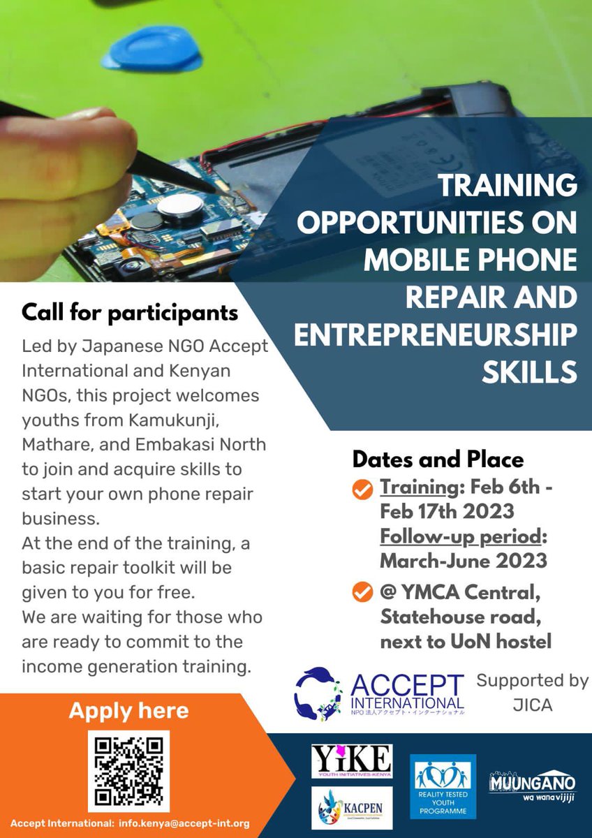We are calling for the first cohort of participants to a free mobile phone repair skills training session on 6th Feb to 17th Feb in Nairobi
Find the link for application below. Submit by February 1st!
#ActionCountersTerrorism 
#IkoKazi
#YouthEmpowerment 

docs.google.com/forms/d/1oWb5_…