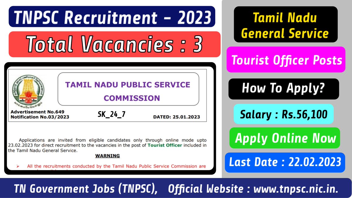Sankara88893257's tweet image. Tamilnadu Public Service Commission Recruitment - 2023

3 #touristofficer  Posts.

Qualification : Degree With Tourism.
Last date : 23.02.2023

youtu.be/QgdYhxS0co4 

#TNPSC #Jobs2023
#tnjobs #govtjobs #SK_24_7 
#TNPSCNOTIFICATION