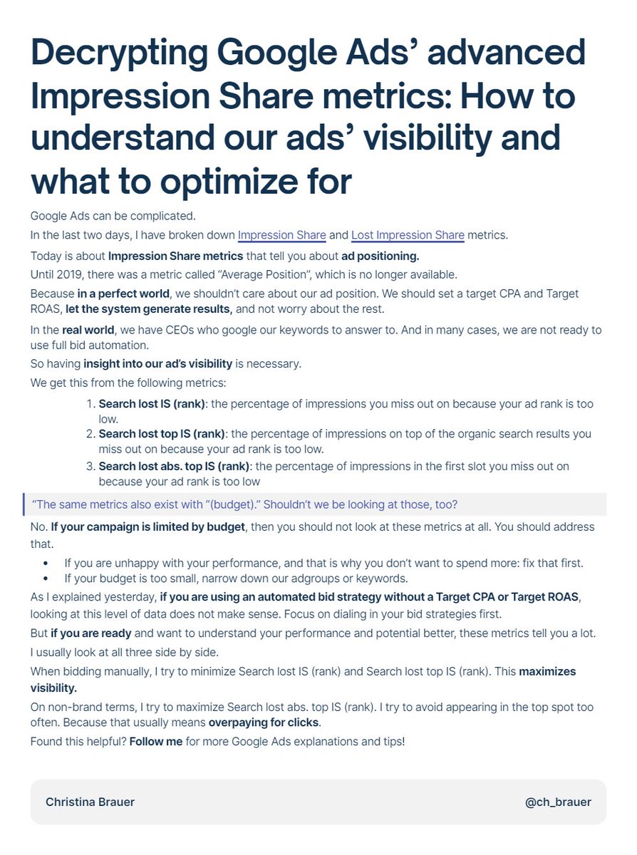 ch_brauer's tweet image. Today we are going deep into the Google Ads rabbit hole: 

This post looks at advanced Impression Share metrics and how we can understand and optimize our ads&apos; visibility.

#ppc #googleads #advancedppc