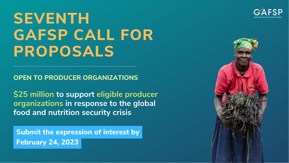 #FarmersOrganizations -New call for proposals for #producers- #FarmersOrganizations from #GAFSP is out! Expression of interest - by 24 February 2023!
Find out more: bit.ly/3ZMBxBk
@EAFFinfo @propac @roppainfo @sacau_media #umnagri