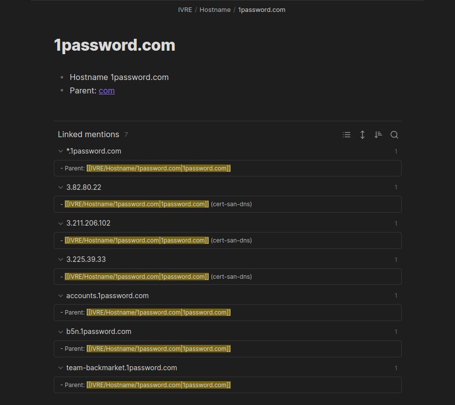 If you use <a href="/obsdmd/">Obsidian</a> for your #pentest / #redteam or #threatintel notes, you might be interested in the IVRE community plugin for #Obsidian, that uses data from IVRE to enrich your notes.
Get it from Obsidian (in community plugins, look for "ivre") or see github.com/ivre/obsidian-…