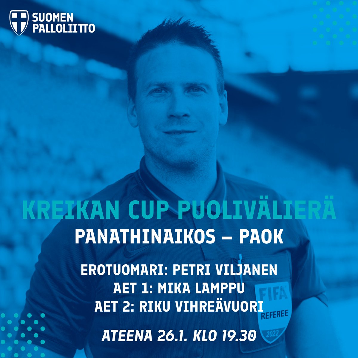 Suomalaista erotuomariosaamista Kreikan Cupissa! 👏

Petri Viljanen viheltää tänään Kreikan Cupin puolivälieräottelun, jossa toisensa kohtaavat Panathinaikos ja PAOK. Ottelussa avustavina erotuomareina toimivat Mika Lamppu ja Riku Vihreävuori.

palloliitto.fi/ajankohtaista/…