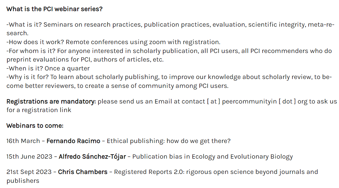 The new online webinar series organized by the <a href="/PeerCommunityIn/">Peer Community In</a> promises to be a fantastic resource. 

For more information, visit peercommunityin.org/pci-webinar-se…

Registration for the first session is now open: 

'Ethical publishing: how do we get there?', by @FerRacimo